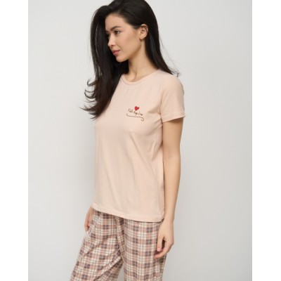 Жіноча піжама зі штанами в клітку - футболка з написом