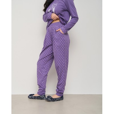 Женская пижама со штанами в горошек - Сова на кофте