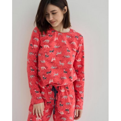 Женская пижама на завязках - коралловая с оленями