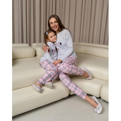 Женская пижама со штанами в клетку - Мордочка кота - Family look мама/дочь