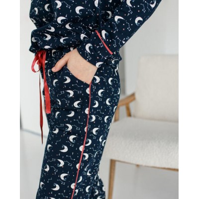 Женская пижама на завязках со штанами - синяя с лунами