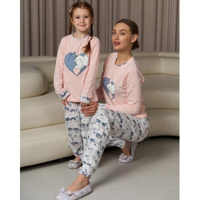 Женская пижама со штанами - Сердечко из котиков - Family look мама/дочь