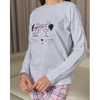 Женская пижама со штанами в клетку - Мордочка кота - Family look мама/дочь