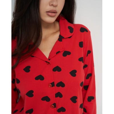 Жіноча піжама на ґудзиках зі штанами - червона в серця