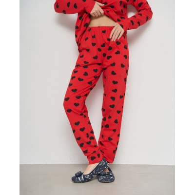 Женская пижама на пуговицах со штанами - красная в сердечки