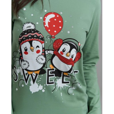 Женская пижама Family Look со штанами в клетку - новогодние пингвины - Мама/дочь