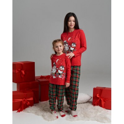 Женская пижама Family Look со штанами в клетку - новогодние пингвины - Мама/дочь