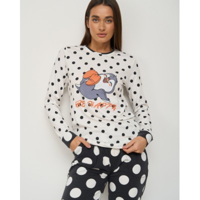 Жіночий комплект зі штанами - Пінгвін - у горошок - Family look мама/дочка