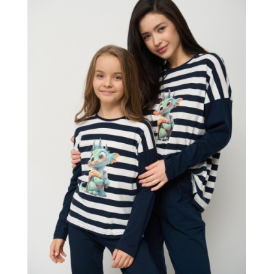 Женская пижама в полоску - Дракончик - Family look мама/дочка