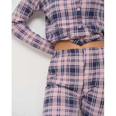 Женская пижама на пуговицах со штанами  - мелкая клетка - розово-синяя