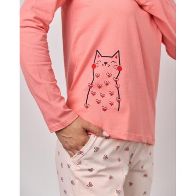 Женская пижама со штанами в сердечки - два кота