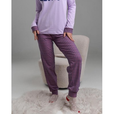 Жіноча піжама зі штанами в клітинку - бузкова з котиками