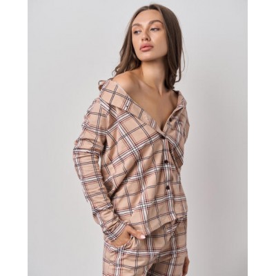Жіноча піжама на ґудзиках зі штанами  - Бежева клітина