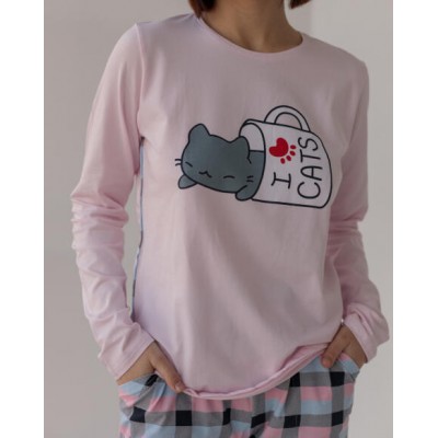 Жіноча піжама зі штанами в клітку - котик I love cats