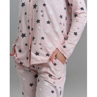 Женская пижама молочная с мелкими звездочками - на пуговицах