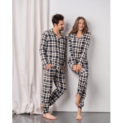 Жіноча піжама на ґудзиках зі штанами  -  клітинка - Family look для пари