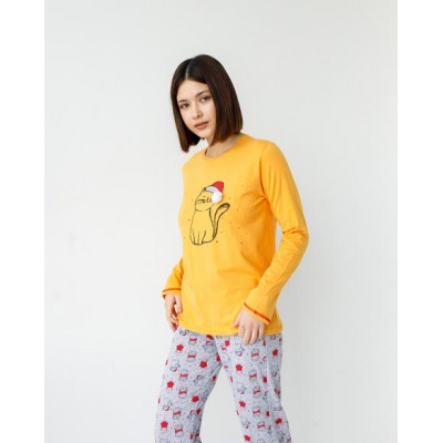 Женская пижама со штанами - желтая с котиком
