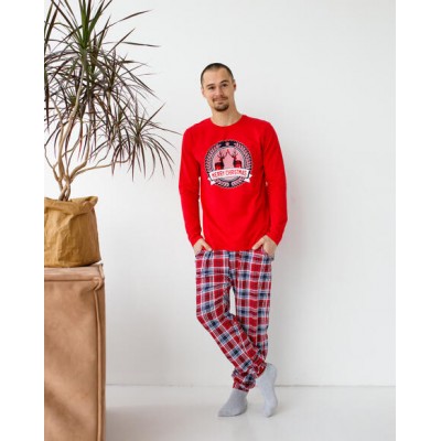 Новорічна Чоловіча піжама Family look зі штанами у клітку - Merry Christmas