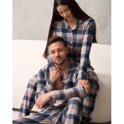 Мужской комплект со штанами - клетка - Family look для пары