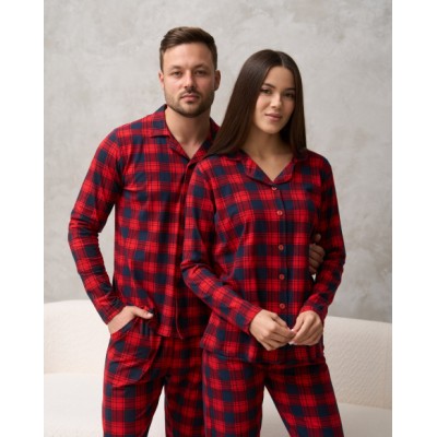 Мужская пижама на пуговицах - красная клетка - Family look для пары