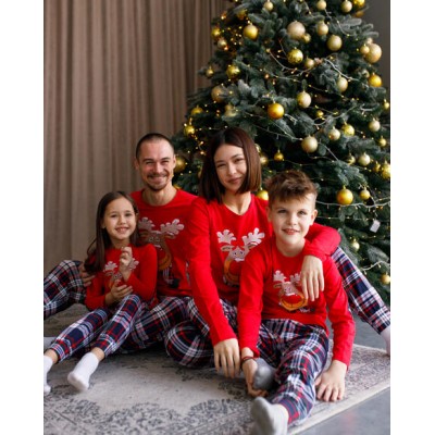 Мужской комплект Family look со штанами в клетку - новогодний олень