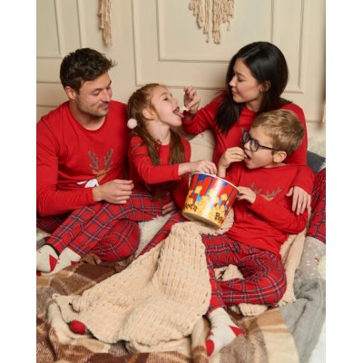 Мужской комплект со штанами в клетку - Новогодний олень - Family look для семьи